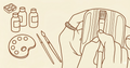 Illustration of hands holding a paintbrush with art supplies on a beige background