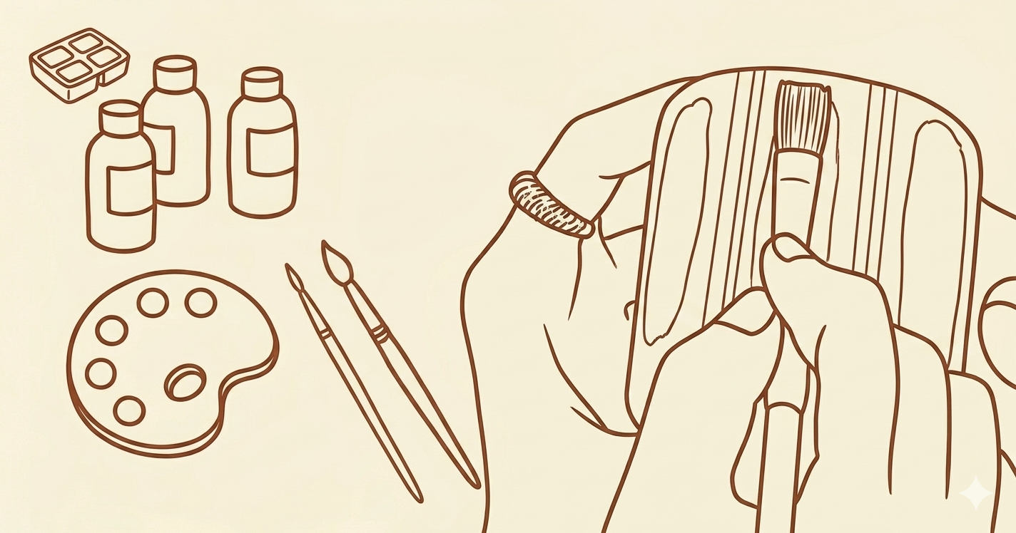 Illustration of hands holding a paintbrush with art supplies on a beige background