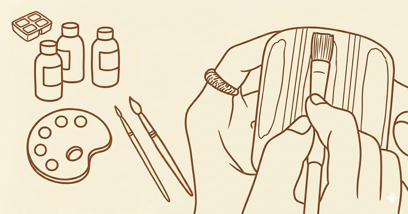 Illustration of hands holding a paintbrush with art supplies on a beige background